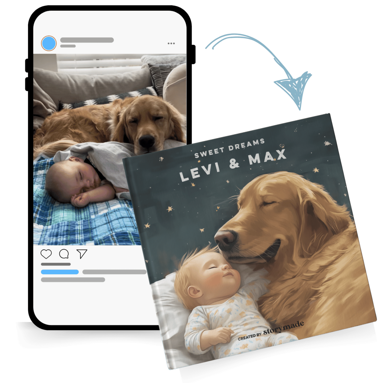Sample Storymade book — Sweet Dreams Levi & Max, a personalized bedtime storybook cover featuring a sleeping baby and golden retriever
