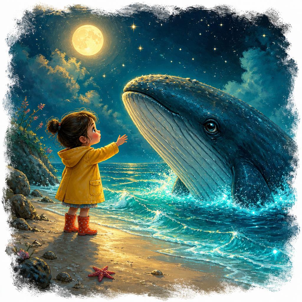 Interior page sample — child meeting a whale on a moonlit beach, painterly style
