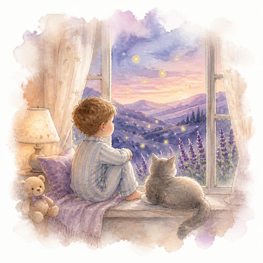 Interior page sample — child and cat watching fireflies at dusk, watercolor style